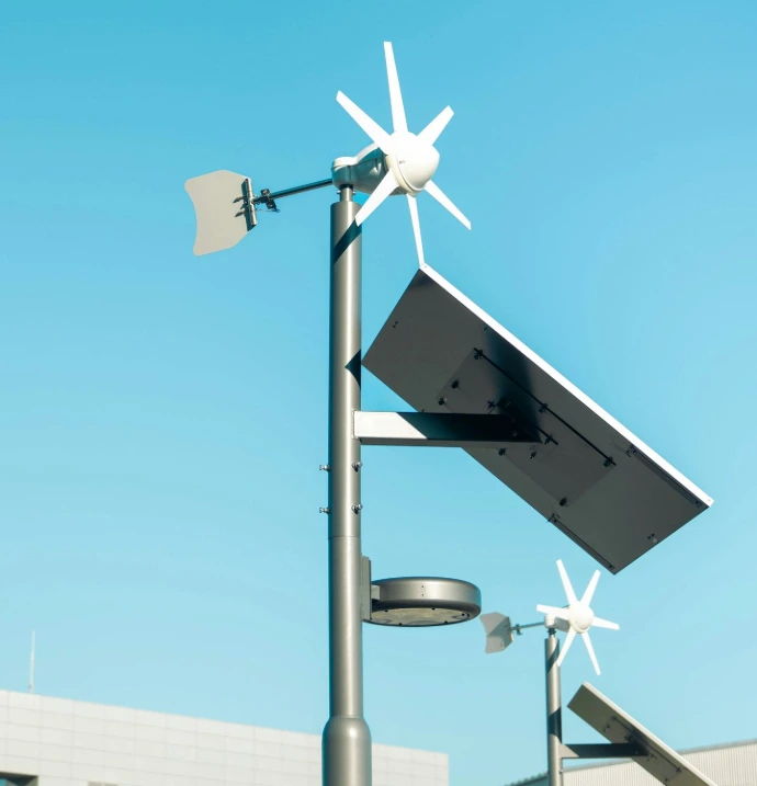 Streetlight with solar panel and wind turbine